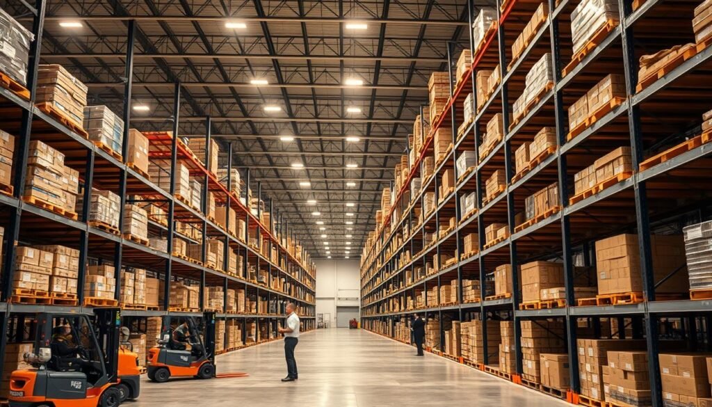 A modern warehouse interior with rows of sturdy pallet racks neatly arranged, bathed in warm overhead lighting. In the foreground, forklifts carefully maneuver pallets of goods onto the shelves, while in the middle ground, workers monitor inventory on tablets. The background reveals high ceilings, concrete floors, and clean steel supports, creating an efficient, organized atmosphere. The image conveys a sense of productivity and exemplary pallet rack implementation, suitable for showcasing successful case studies in Dallas.