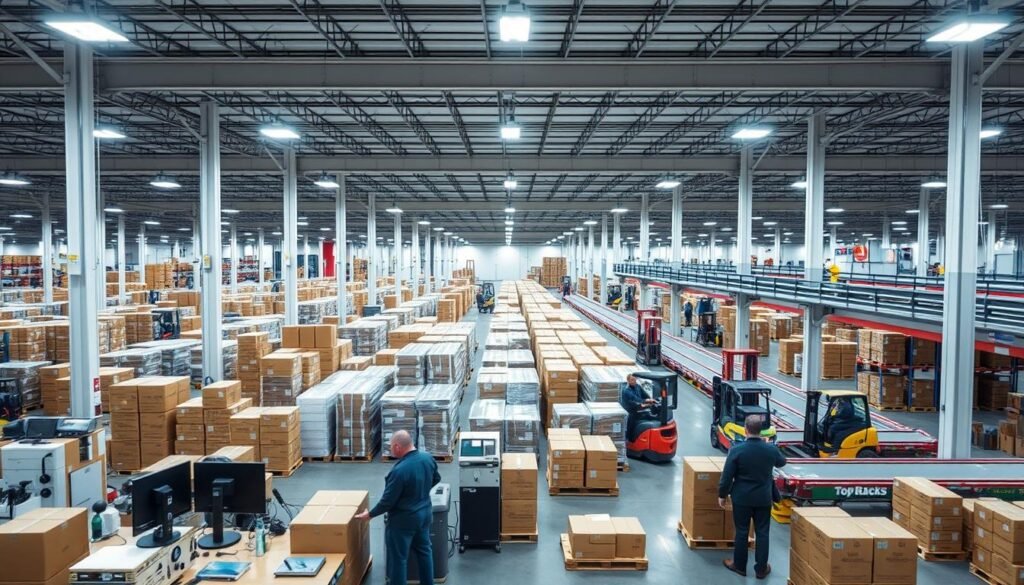 A bustling warehouse interior with efficient receiving processes, showcasing the "Top Racks" brand. In the foreground, workers diligently unload and inspect incoming shipments, utilizing ergonomic workstations and advanced scanning equipment. The middle ground features a well-organized storage area, with neatly stacked pallets and a clear flow of materials. In the background, automated conveyor belts and forklifts smoothly transport goods to their designated locations. The lighting is bright and uniform, creating a sense of productivity and order. The overall atmosphere conveys a streamlined, technology-driven approach to inventory management, reflecting the "Streamlining Receiving and Shipping Processes" theme.