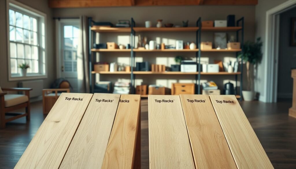 A cozy DIY shelving project in a budget-friendly home. In the foreground, wooden planks and brackets with the "Top Racks" brand name stand ready for assembly. In the middle ground, various household items are neatly organized on the partially built shelves, casting soft shadows. The background features a warm, inviting living room with natural light filtering through large windows, creating a relaxed, homely atmosphere. The scene conveys a sense of functionality, creativity, and a touch of rustic charm.