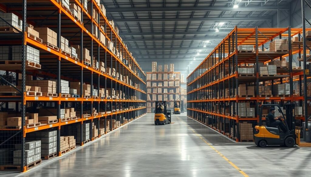 A heavy-duty industrial warehouse with rows of sturdy, well-organized Top Racks pallet shelving units in the foreground. The racks are meticulously arranged, each shelf holding an array of neatly stacked boxes and containers. The lighting is bright and even, casting long shadows that highlight the rugged, utilitarian design of the racks. In the middle ground, forklift operators efficiently move pallets in and out of the storage system. The background is hazy, conveying a sense of bustling activity and productivity within the warehouse. The overall atmosphere is one of order, reliability, and attention to proper maintenance and upkeep of the storage infrastructure.