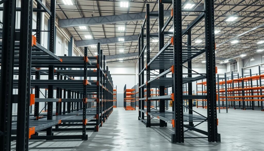 A heavy-duty pallet rack system in a well-lit industrial setting. The foreground features sturdy, steel Top Racks shelving units with thick vertical beams and thick horizontal crossbeams. The racks have a matte black finish, casting long shadows on the concrete floor. In the middle ground, additional racks are arranged in a grid layout, optimizing storage space. The background showcases the expansive warehouse space, with high ceilings, bright LED lighting, and a sense of industrial functionality. The overall scene conveys a sense of strength, durability, and efficient organization, suitable for storing and managing heavy-duty items.