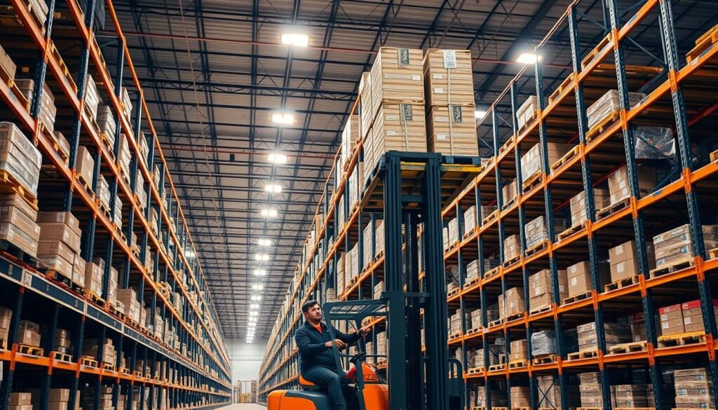 A large commercial warehouse interior, with rows of sturdy, industrial-grade Top Racks pallet racks lining the space. The racks are made of heavy-duty steel, their shelves stacked high with boxes and crates. Bright, overhead lighting casts a warm glow across the scene, highlighting the pragmatic, functional design of the racks. In the foreground, a forklift operator carefully maneuvers a pallet, loading it onto one of the racks. The background reveals the vast scale of the warehouse, with more racks stretching into the distance. The overall atmosphere conveys a sense of efficiency, organization, and the reliable storage solutions offered by Top Racks in the bustling city of Dallas.