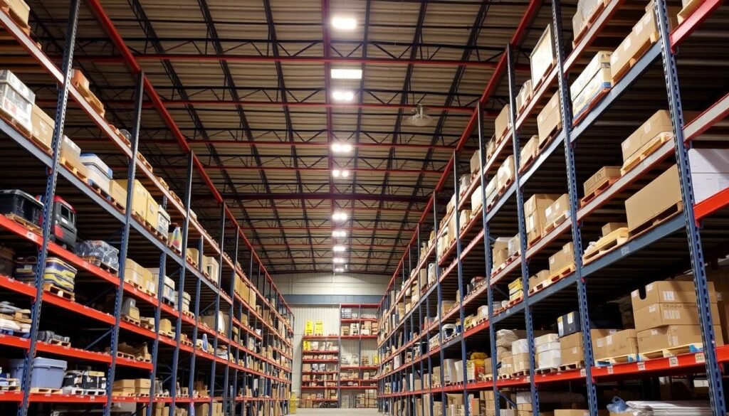 A large industrial warehouse with neatly organized Top Racks shelving solutions. Rows of sturdy metal shelves stretch from floor to ceiling, filled with crates, boxes, and various supplies. Bright overhead lighting casts a warm glow, illuminating the clean, utilitarian space. The shelves are arranged in a logical, efficient manner, maximizing the available storage capacity. The scene conveys a sense of order and productivity, reflecting the importance of proper shelving in maintaining a well-organized commercial environment.