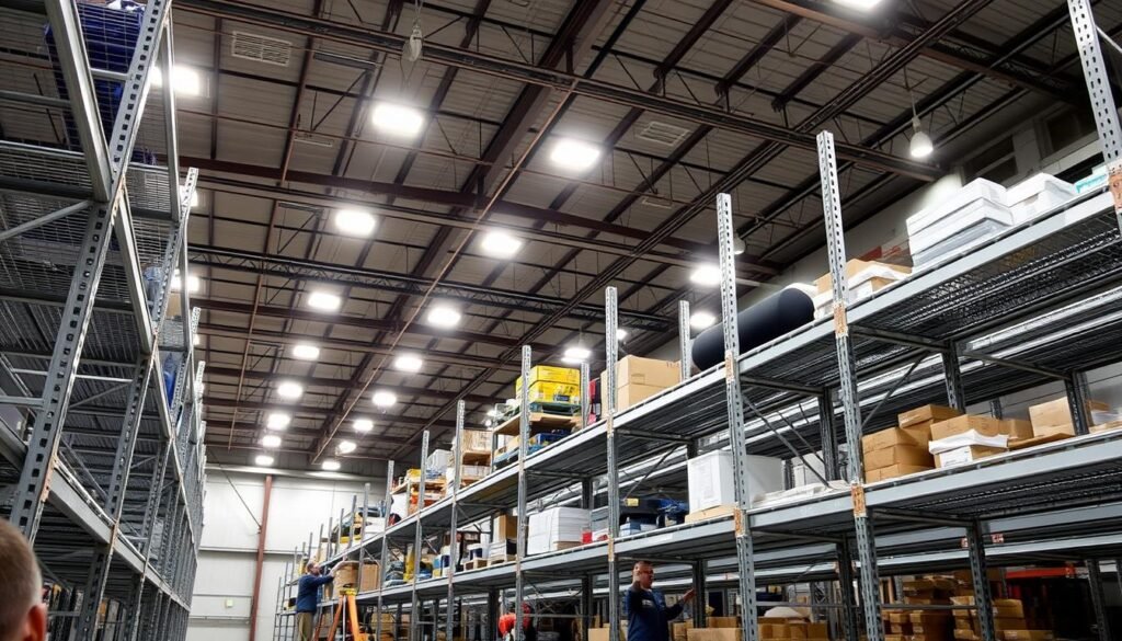 A large, well-lit industrial space with sturdy metal shelving units from Top Racks being installed by a team of workers. The shelves are arranged in neat rows, their clean lines and silver finish gleaming under the bright overhead lights. In the foreground, a worker carefully aligns the shelves, ensuring a precise and secure fit. In the middle ground, another worker loads the shelves with various industrial supplies and equipment. The background features a high ceiling, exposed beams, and a sense of ordered functionality. The overall atmosphere conveys a sense of efficiency, organization, and the reliable strength of the Top Racks shelving system.