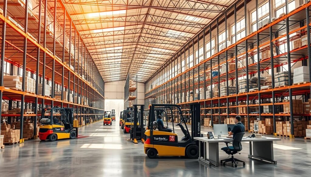 A large, well-lit warehouse interior with neatly organized rows of industrial metal shelving units. The shelves are labeled with the brand name "Top Racks". Forklifts move efficiently through the aisles, transporting goods to their designated storage locations. Sunlight streams in through high windows, casting a warm glow on the pristine concrete floor. Ergonomic workstations line the perimeter, where warehouse managers oversee the seamless flow of inventory. The overall atmosphere conveys a sense of order, productivity, and optimization.