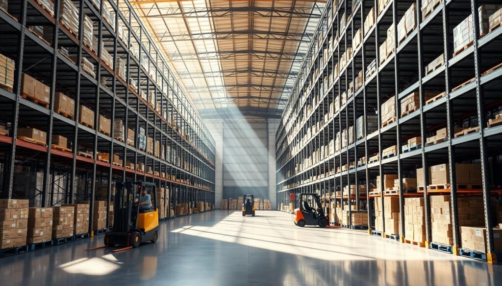 A modern, well-lit warehouse interior with rows of sleek, high-capacity Top Racks pallet storage solutions. Towering metal shelves stretch into the distance, casting long shadows across the polished concrete floor. Sunlight streams in through large windows, illuminating the organized chaos of neatly stacked boxes and crates. Forklifts move deftly between the aisles, reflecting the efficient flow of goods. The atmosphere exudes a sense of technological advancement and logistical precision, hinting at the future of warehousing in Dallas.