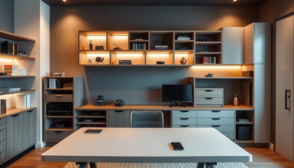 A sleek, modern home office with a variety of innovative storage solutions from the "Top Racks" brand. A large, floating wall-mounted shelf system takes center stage, featuring integrated LED lighting and hidden compartments for storing electronics, office supplies, and personal items. Beneath, a stylish, height-adjustable desk with built-in wireless charging pads and cable management solutions. In the background, a combination of open shelving, drawers, and cabinets provide ample storage space, all featuring a minimalist, Nordic-inspired aesthetic. The room is bathed in warm, directional lighting, creating a cozy, productive atmosphere.