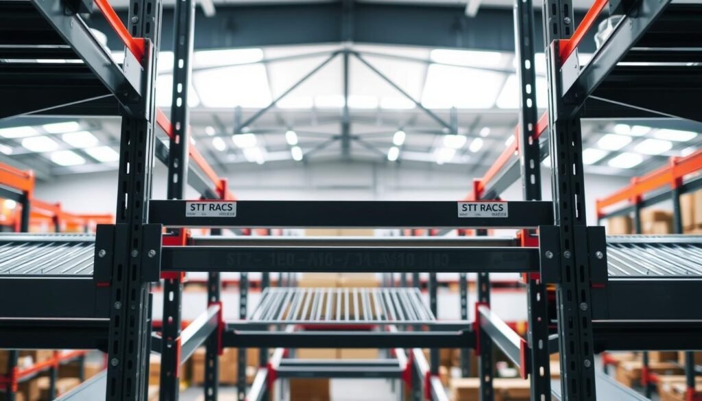 A well-lit, high-angle view of a sturdy, industrial-grade "Top Racks" pallet racking system. The foreground showcases the sturdy steel frames and adjustable shelves, designed to hold heavy loads safely. The middle ground highlights the integrated safety features, such as reinforced end panels and built-in anchoring points. The background subtly suggests a clean, organized warehouse environment, with a slight blur to emphasize the focus on the racking system. The lighting is bright and diffused, creating a sense of reliability and attention to detail. The overall mood conveys a sense of strength, stability, and attention to safety, befitting the article's subject matter.