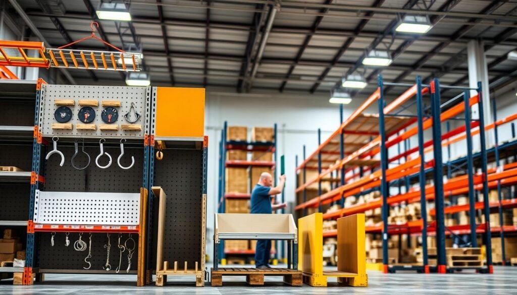 A well-lit, high-resolution photograph of various customization options for Top Racks pallet racks. In the foreground, a set of different sized and colored shelves, hooks, and dividers are displayed, showcasing the modular design and personalization possibilities. In the middle ground, a worker is assembling a pallet rack system, highlighting the flexibility and ease of installation. The background features a clean, modern warehouse setting with tall ceilings and ample natural lighting, emphasizing the versatility of these storage solutions. The overall scene conveys the attention to detail, quality craftsmanship, and tailored functionality of Top Racks pallet racks.