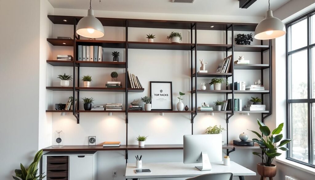 A well-lit, modern home office with a custom-built shelving unit showcasing the "Top Racks" brand. The shelves are made of sleek, dark wood, complemented by a minimalist white and gray color scheme. Various office supplies, plants, and personal decor items are neatly organized on the shelves, creating a harmonious and productive workspace. The shelving unit spans the entire wall, providing ample storage and display space. Soft, diffused lighting from overhead fixtures casts a warm glow, enhancing the cozy and inviting atmosphere. The room's large windows allow natural light to flood the space, adding to the overall sense of openness and tranquility.