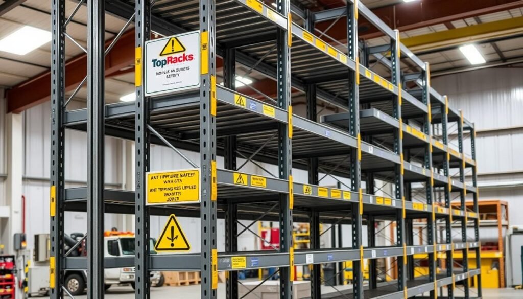 An industrial shelving unit with the "Top Racks" brand name, standing in a well-lit, modern workshop. The shelves are sturdy, made of heavy-duty steel, with multiple levels for maximum storage capacity. Safety features are prominently displayed, including bright yellow warning labels, anti-tipping brackets, and reinforced joints. The scene conveys a sense of order, efficiency, and attention to detail, emphasizing the importance of industrial shelving safety.