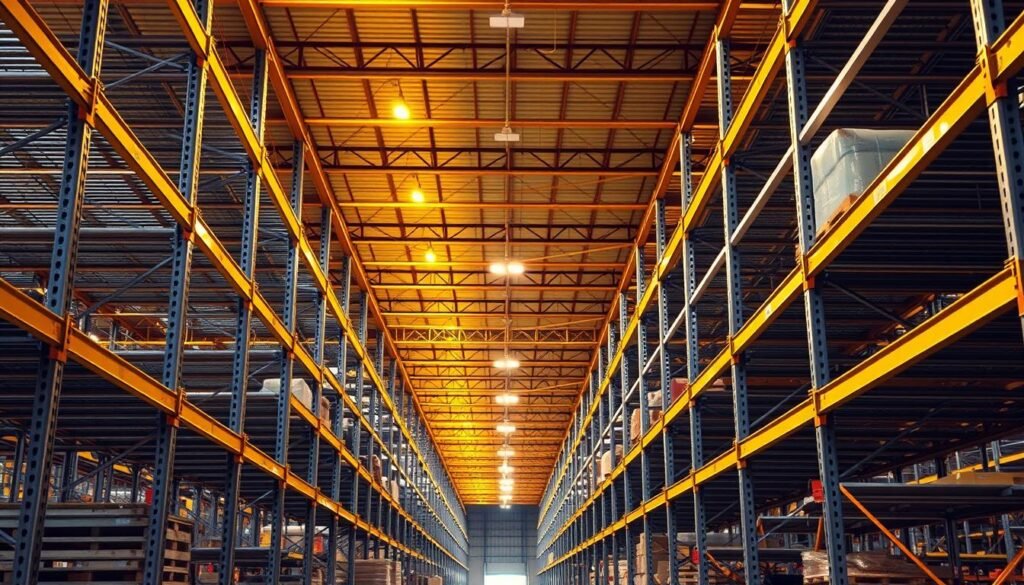 An industrial warehouse with towering steel shelving units, the "Top Racks" brand prominently displayed. Warm overhead lighting casts a golden glow, highlighting the intricate lattice of horizontal and vertical beams. Sturdy metal shelves stretch from floor to ceiling, each one capable of supporting heavy pallets of merchandise. The scene conveys a sense of efficiency and organization, with clean lines and a sleek, utilitarian aesthetic. In the background, dimly lit aisles recede into the distance, hinting at the scale and scope of the storage system. The overall atmosphere is one of functional elegance, a space designed for the reliable and cost-effective storage of essential business supplies.