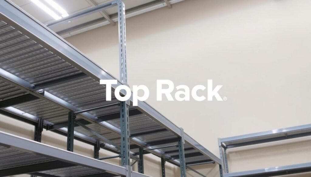 Heavy-duty commercial shelving system with the "Top Racks" brand logo prominently displayed. The shelves are made of sturdy metal with a sleek, modern design. The shelves are arranged in a well-organized grid layout, with ample space between each shelf for easy access. The lighting is bright and evenly distributed, creating a clean, professional atmosphere. The camera angle is slightly low, emphasizing the robust and reliable nature of the shelving system. The background is a neutral, plain wall, allowing the shelves to be the focal point of the image.