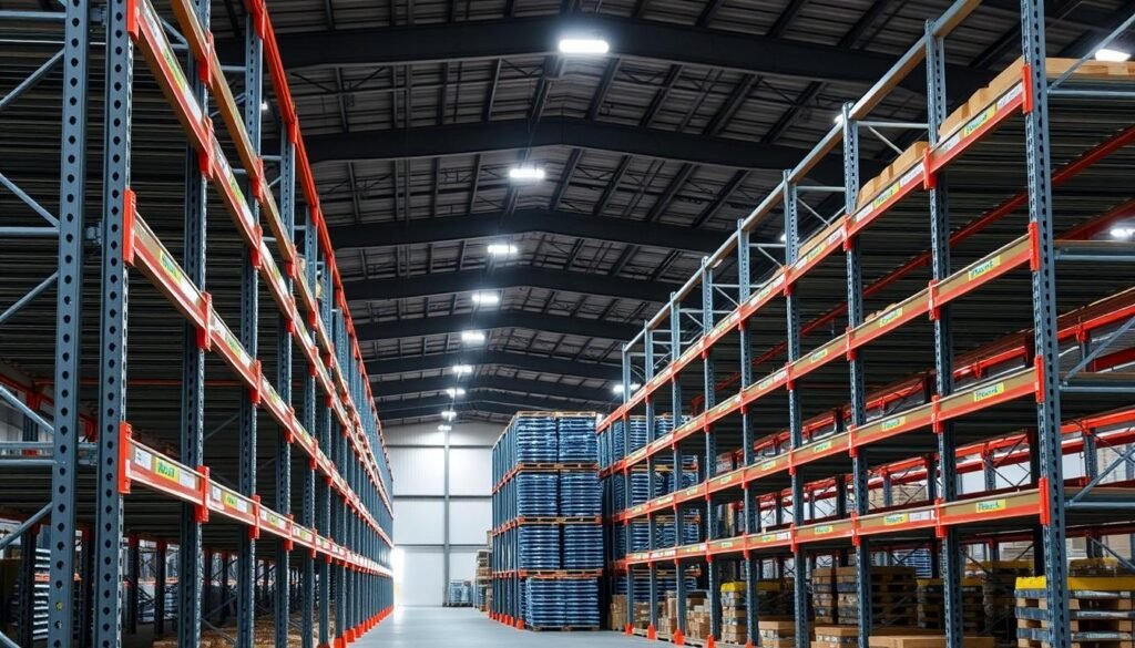High-quality, well-lit industrial shelving system in a modern warehouse setting, with a focus on sturdy, modular steel frame construction. Multiple tiers of shelves in the foreground, displaying the "Top Racks" brand prominently. Subtle ambient lighting creates a sense of depth and highlights the clean lines of the shelving. The middle ground features orderly rows of stacked pallets, while the background showcases the expansive scale of the warehouse interior with tall ceilings and distant walls. An overall atmosphere of efficiency, organization, and reliability.