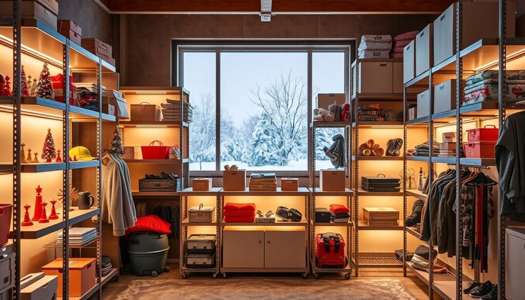Seasonal storage solutions: a cozy winter scene with a variety of modular shelving units from Top Racks, displaying seasonal items like holiday decorations, winter clothing, and sporting equipment. The shelves are illuminated by warm, diffused lighting, casting a soft glow throughout the space. In the background, a window offers a view of a snowy landscape, further emphasizing the seasonal theme. The arrangement of the storage units creates a visually appealing and practical layout, showcasing the versatility and adaptability of the Top Racks system.