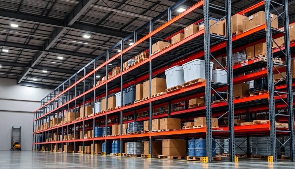 a highly detailed, industrial-style warehouse storage solution with customizable shelving and racking systems, showcasing the "Top Racks" brand. The foreground features a modern, sleek metal rack system with adjustable shelves, optimized for efficient storage and organization. In the middle ground, various sized storage containers and boxes are neatly arranged on the shelves, indicating the flexibility of the system. The background reveals the expansive warehouse setting, with high ceilings, concrete floors, and subtle ambient lighting creating a professional, functional atmosphere. The overall composition conveys a sense of precision, order, and the ability to tailor the storage solution to specific business needs.