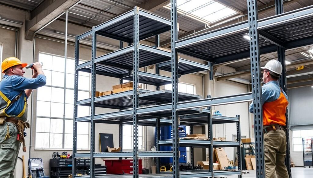 A heavy-duty metal shelving unit being carefully installed in a well-lit, spacious workshop. The Top Racks shelving features sturdy steel frames and thick, reinforced shelves designed to hold substantial loads. A contractor in a hard hat and tool belt uses a power drill to secure the unit to the wall, ensuring a secure and stable installation. The middle ground shows the shelving unit in profile, with an array of tools and hardware nearby. The background depicts the workshop's high ceilings, concrete floors, and large windows, creating an atmosphere of functionality and professionalism.