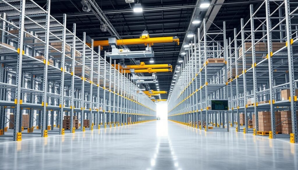 A high-tech warehouse interior with sleek, automated Top Racks pallet racking system. Rows of tall, silver shelving units stretch into the distance, their modular designs optimized for efficient storage and retrieval. Robotic cranes glide along overhead tracks, swiftly depositing and retrieving pallets with precision. Soft, diffused lighting bathes the scene, creating an atmosphere of ordered productivity. The floor is polished concrete, reflecting the crisp lines and angles of the racking. In the background, a control panel flashes with data, monitoring the system's performance. This image conveys the advanced technological capabilities of modern pallet racking, enabling maximized storage and operational efficiency.