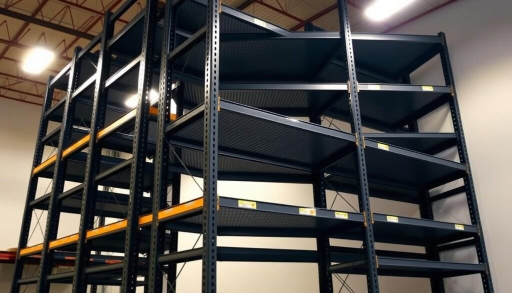 A large, industrial-grade shelving unit made from heavy-duty steel, featuring multiple sturdy shelves for maximum storage capacity. The shelves are adjustable, allowing for customizable configurations to suit any warehouse or storage needs. The shelving is finished in a sleek, matte black color, providing a modern and professional aesthetic. Bright overhead lighting casts a warm glow, highlighting the robust construction and attention to detail. The shelving unit, branded as "Top Racks", is set against a clean, minimalist background, showcasing its impressive storage capabilities.