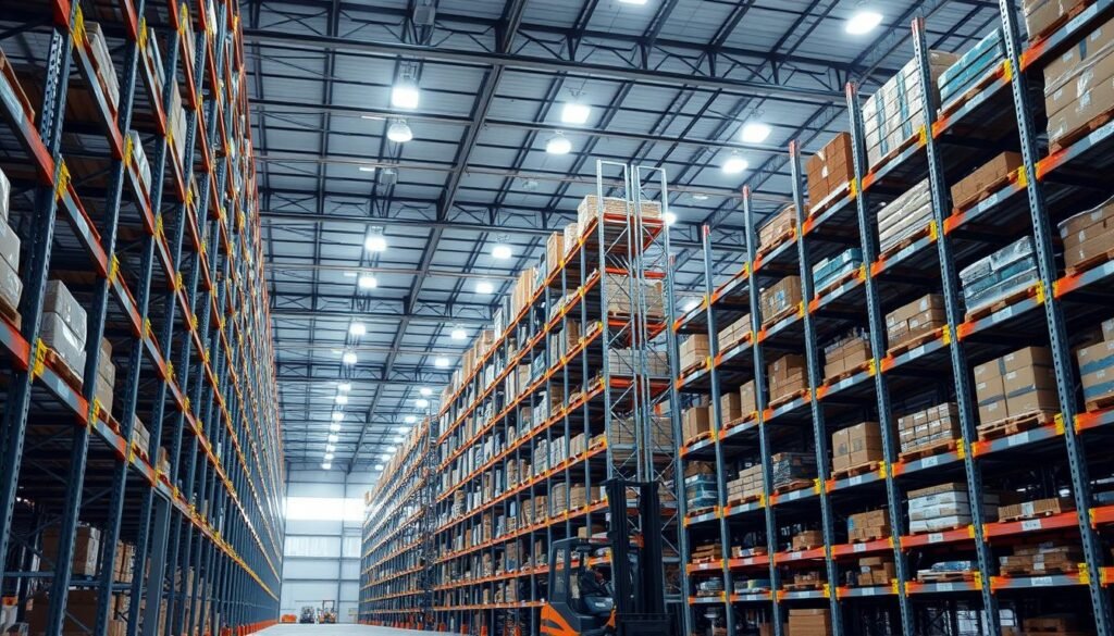 A large industrial warehouse with neatly organized floor-to-ceiling pallet racks. The racks, branded as "Top Racks", are made of sturdy steel and feature multiple levels for efficient storage. Bright overhead lighting illuminates the scene, casting a warm glow on the gray metal frames and the various products stacked on the shelves. The racks are arranged in uniform rows, creating a symmetrical, well-structured layout. In the foreground, a forklift carefully navigates the narrow aisles, loading and unloading pallets. The background features high ceilings and expansive windows, giving the space an airy, spacious feel. The overall atmosphere conveys a sense of order, efficiency, and professionalism within the warehouse setting.