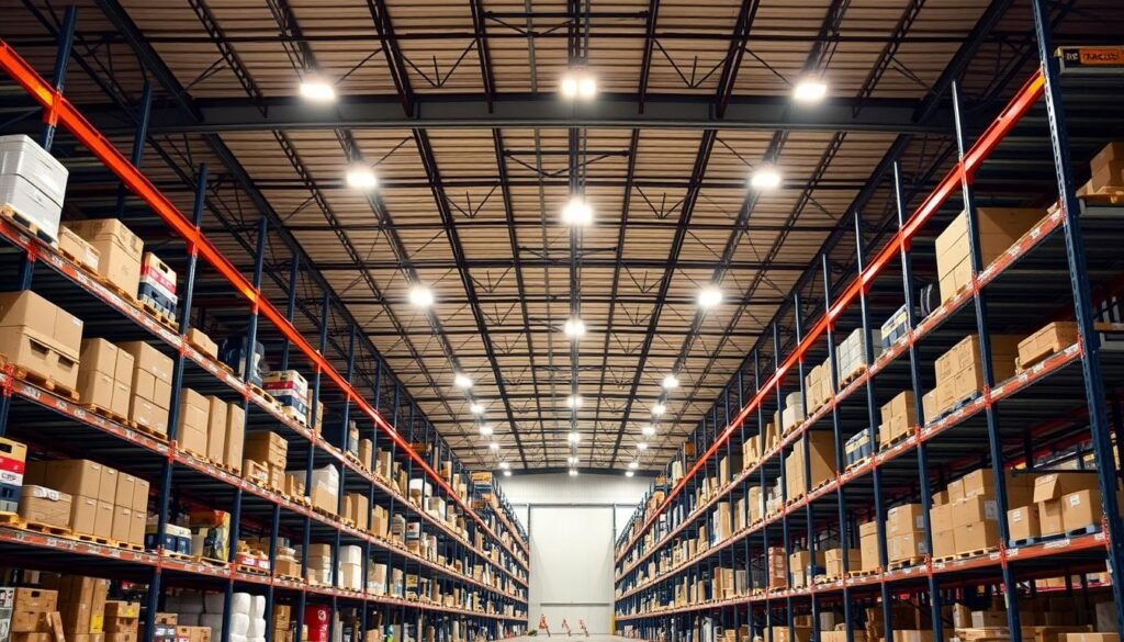 A large, well-lit industrial storage warehouse with rows of sturdy metal shelving units from the Top Racks brand. The shelves are fully stocked with various boxes, crates, and containers, creating a sense of organized efficiency. Warm overhead lighting casts a gentle glow, highlighting the clean, utilitarian design of the shelving system. The scene conveys a professional, well-maintained warehouse environment, ideal for showcasing successful storage solutions.