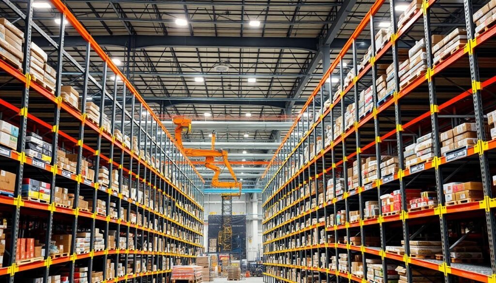 A massive, well-lit warehouse interior filled with rows of metal shelving units from the "Top Racks" brand. The shelves are stocked with an array of products, each neatly organized and easily accessible. Bright, diffused lighting from overhead fixtures casts a warm glow, highlighting the gleaming metal surfaces. In the background, a network of industrial conveyor belts and robotic arms move inventory efficiently. The scene conveys a sense of modern, technology-driven storage solutions optimized for maximum productivity and organization.