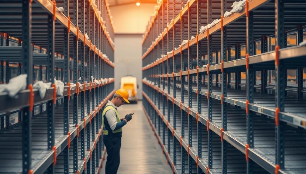 A neatly organized warehouse storage area, with rows of sturdy Top Racks steel shelving units standing tall. The shelves are meticulously wiped down, each one gleaming under the warm, diffused lighting. A worker in the foreground carefully inspects the shelves, checking for any signs of wear or damage. The background is softly blurred, drawing the viewer's attention to the well-maintained shelving system. The overall mood is one of efficiency, attention to detail, and pride in maintaining a well-organized workspace.