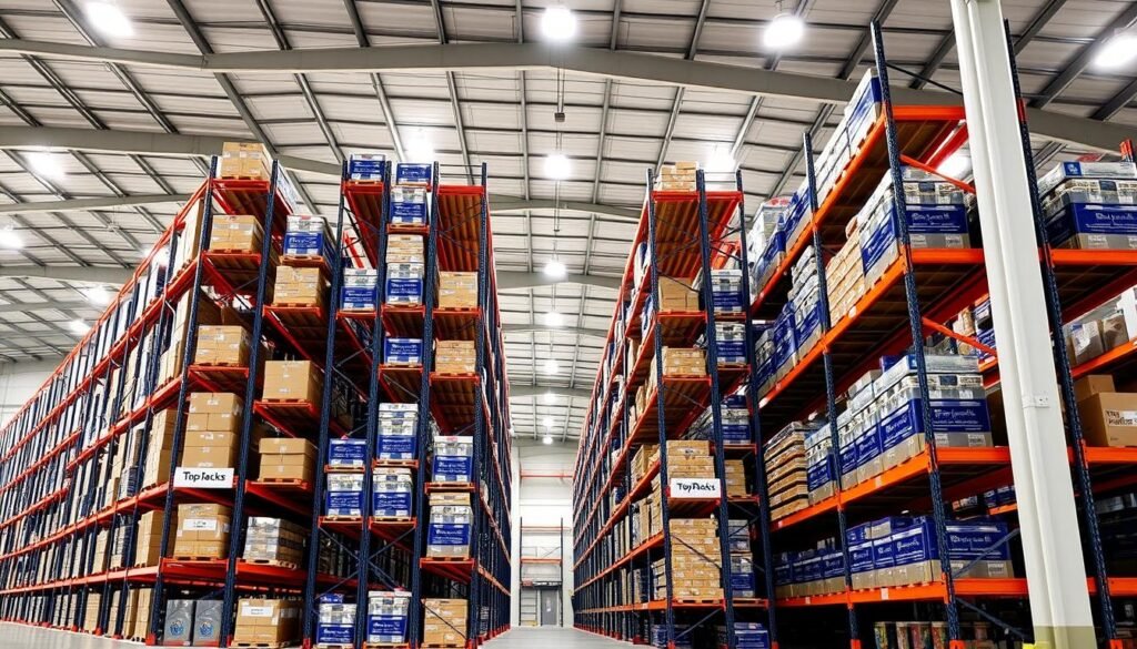 A spacious, well-lit warehouse interior with floor-to-ceiling shelving units displaying the "Top Racks" brand. The shelves are neatly organized, with a variety of storage containers and boxes stacked in a visually appealing, symmetrical pattern. The shelves are made of sturdy, high-quality materials and feature sleek, modern design. The lighting is bright and evenly distributed, creating a clean, professional atmosphere. The camera angle captures the shelves from a slightly elevated perspective, emphasizing the vertical storage solutions and the efficient use of space. The background is neutral, allowing the shelving units to be the focal point of the image.