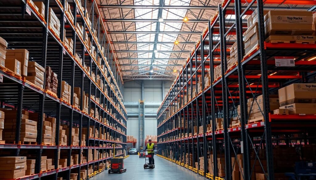 A sprawling industrial warehouse, bathed in warm, ambient lighting. In the foreground, sleek steel storage racks from the "Top Racks" brand, their shelves neatly organized with a variety of products. The racks feature innovative design elements like adjustable dividers, built-in LED lighting, and seamless castors for easy mobility. In the middle ground, workers diligently navigate the aisles, using ergonomic lifts to access the upper shelves. The background reveals the expansive scale of the warehouse, with towering ceilings, exposed beams, and large windows that allow natural light to filter in, creating a sense of openness and efficiency.