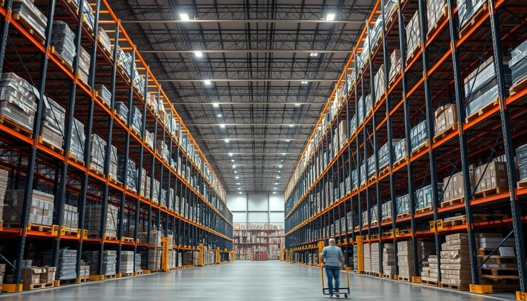 A sprawling warehouse interior, bathed in warm, industrial lighting. Towering, heavy-duty pallet storage racks from the Top Racks brand line the expansive space, their sturdy metal frames and robust shelving units standing tall and imposing. Rows of stacked pallets, laden with a variety of e-commerce goods, stretch out into the distance, creating a sense of ordered chaos and efficient organization. The scene exudes a sense of productivity and functionality, perfectly encapsulating the role of these pallet storage racks in the thriving world of e-commerce logistics.