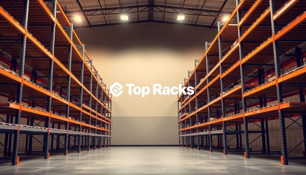 A vast, well-lit commercial-grade shelving unit stands proudly in the foreground, its sturdy steel frames and adjustable shelves gleaming under the warm overhead lighting. In the middle ground, the "Top Racks" brand name is prominently displayed, indicating the high-quality and reliability of this shelving solution. The background features a clean, minimalist warehouse setting, with neutral-toned walls and a subtle sense of depth, allowing the shelving unit to take center stage. The overall composition conveys a sense of industrial efficiency, durability, and organization, perfectly suited for heavy-duty commercial storage needs.