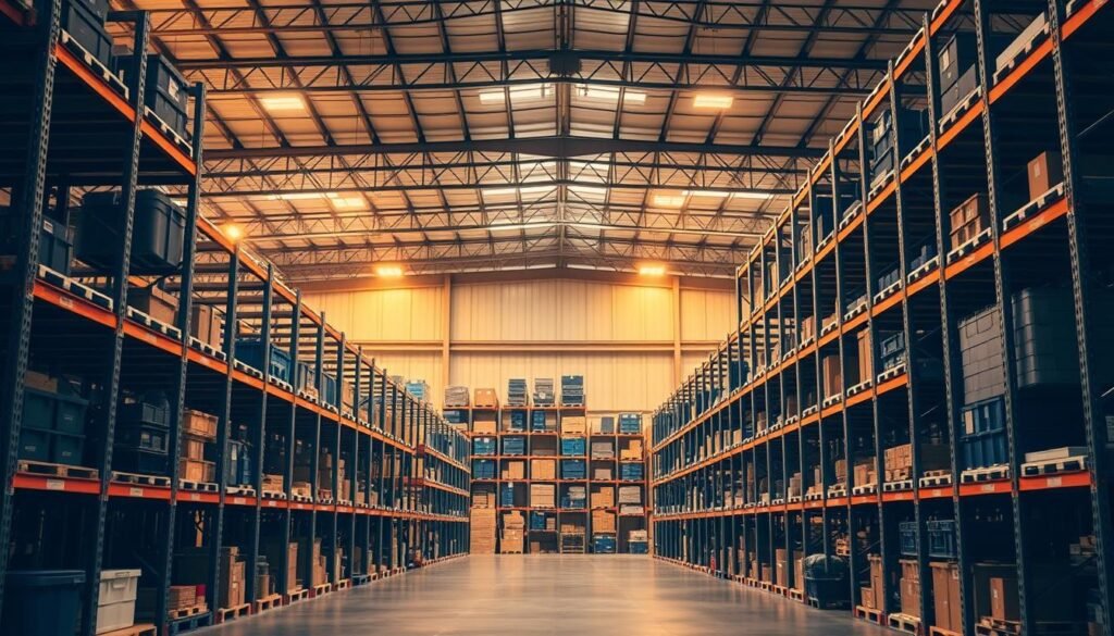 A vast, well-organized warehouse interior, illuminated by warm, diffused lighting that casts a gentle glow across the scene. In the foreground, rows of sturdy, adjustable "Top Racks" shelving systems stand tall, their sleek metal frames and wooden shelves showcasing efficient storage solutions. The middle ground features a variety of storage containers, bins, and crates neatly arranged on the racks, hinting at the flexibility and scalability of the system. In the background, the warehouse extends deep, with towering ceilings and a mix of natural and artificial lighting sources, creating a sense of depth and grandeur. The overall atmosphere is one of order, functionality, and a well-designed commercial storage environment.