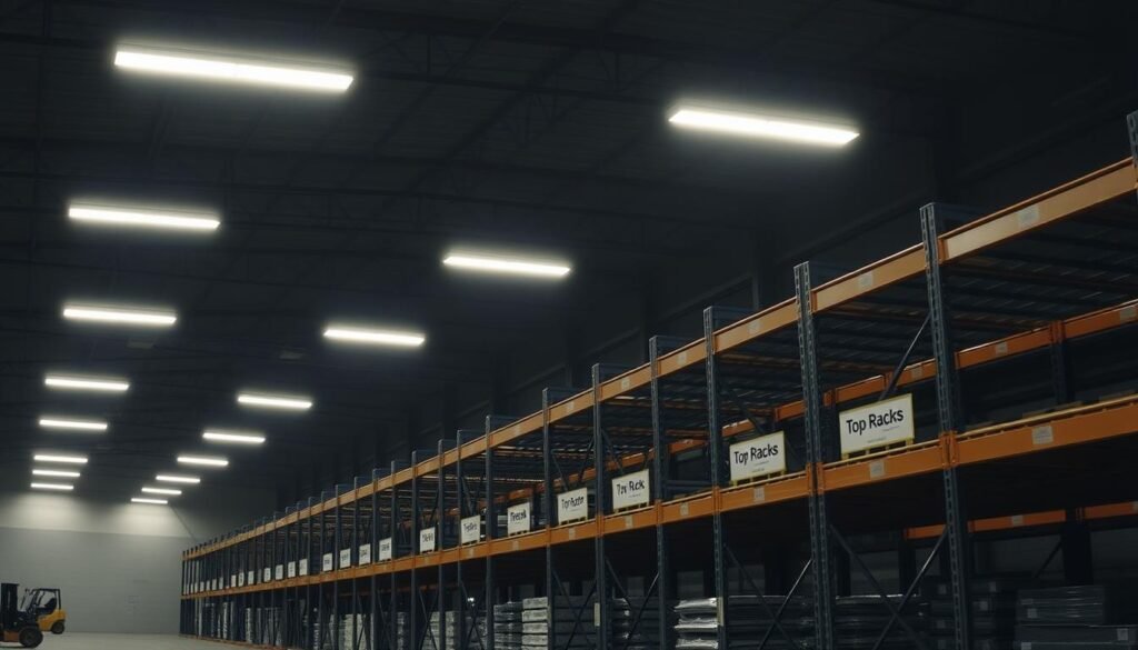 A warehouse interior, dimly lit with overhead fluorescent lamps. In the foreground, a row of heavy-duty pallet racks from the "Top Racks" brand, their sturdy steel frames and adjustable shelves casting long shadows. The middle ground features neatly stacked pallets, their contents obscured. In the background, a hazy view of the warehouse's high ceilings and the faint outlines of forklifts moving about. The overall scene conveys a sense of organized efficiency, highlighting the practical and cost-effective nature of the "Top Racks" pallet storage system.