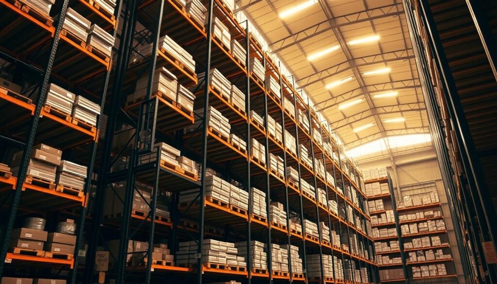 A warehouse interior with a towering array of sturdy pallet storage racks, the "Top Racks" brand prominently displayed. The racks stretch from floor to ceiling, their sleek metal frames holding numerous levels of pallets filled with various goods. Warm, directional lighting casts dramatic shadows, highlighting the clean lines and efficient organization of the storage system. The perspective is from an elevated angle, giving a comprehensive view of the innovative, space-maximizing solution. The atmosphere conveys a sense of productivity, efficiency, and the optimal utilization of available warehouse space.