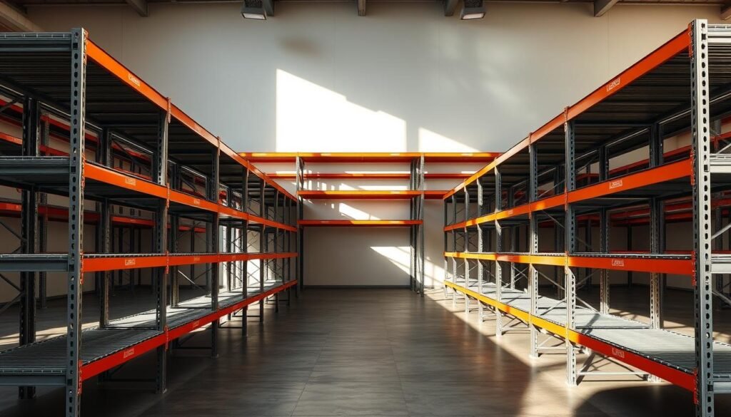 A warehouse-style industrial steel shelving unit, showcasing the "Top Racks" brand. The shelves are made of thick, durable steel with a sleek, metallic finish. The unit is positioned in a well-lit, spacious environment, casting dramatic shadows across the shelves. The lighting is a combination of soft, diffused natural light and warm, directional spotlights, highlighting the textural details of the steel. The shelves are arranged in a symmetrical, modular design, inviting customization and organization. The overall atmosphere conveys a sense of efficiency, practicality, and industrial chic, suitable for a modern, customizable warehouse or storage space.