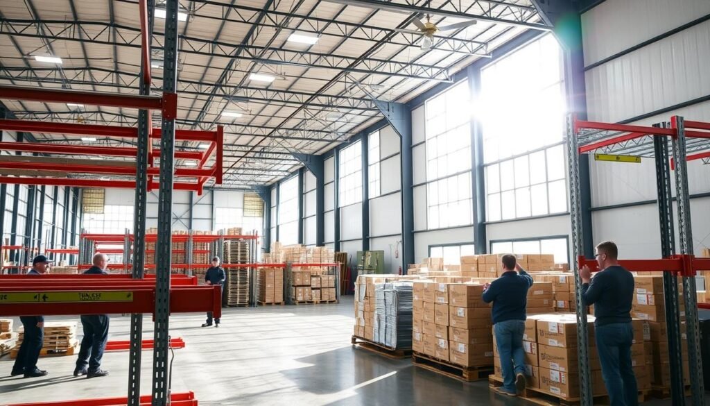 A well-lit and detailed pallet rack installation in a spacious warehouse. In the foreground, a team of workers carefully assembling the sturdy, modular metal frames of the Top Racks system, their hands skillfully fitting the components together. In the middle ground, neatly stacked pallets and boxes await placement on the newly installed racks. The background features the high ceilings, exposed beams, and abundant natural light streaming in through large windows, creating a productive and efficient atmosphere. The scene conveys the precision and expertise required to properly install a commercial-grade pallet racking solution.