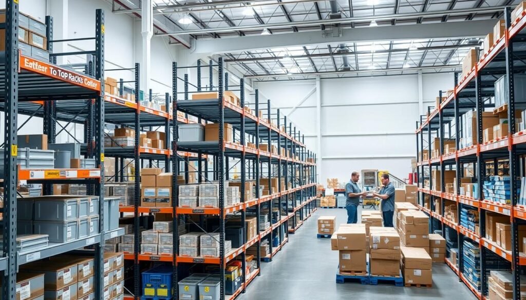 A well-lit, high-angle photograph of sturdy metal storage racks and shelving units labeled "Top Racks" in a clean, modern industrial warehouse. The racks are neatly arranged, showcasing their robust construction and adjustable shelves. In the foreground, a variety of labeled storage containers, boxes, and organizational bins demonstrate the versatility of the system. The middle ground features workers inspecting and arranging the storage units, conveying a sense of efficiency and reliability. The background depicts a spacious, well-lit warehouse interior with natural light streaming in, creating a calm and professional atmosphere.
