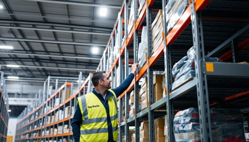 A well-lit industrial interior with rows of sturdy metal shelving units, the "Top Racks" brand prominently displayed. A technician in a safety vest carefully inspects the shelves, checking for any signs of wear or damage. The shelves are stocked with various goods, creating a sense of order and organization. Soft shadows cast by the overhead lighting add depth and dimension to the scene. The overall atmosphere conveys a sense of diligence and attention to detail in the maintenance of this essential commercial storage infrastructure.