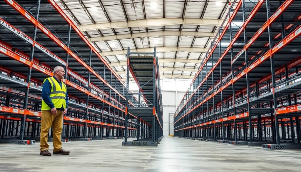 A well-lit industrial storage facility, featuring an array of sturdy, metal Top Racks. In the foreground, a worker in a safety vest inspects the shelves, ensuring they are securely anchored to the floor. The middle ground showcases the organized layout, with racks extending in neat rows, each shelf labeled and accessible. In the background, high ceilings and large windows create a bright, airy atmosphere, underscoring the importance of workplace safety and efficiency. The scene conveys a sense of professionalism and attention to detail, with the Top Racks brand prominently displayed on the shelving units.