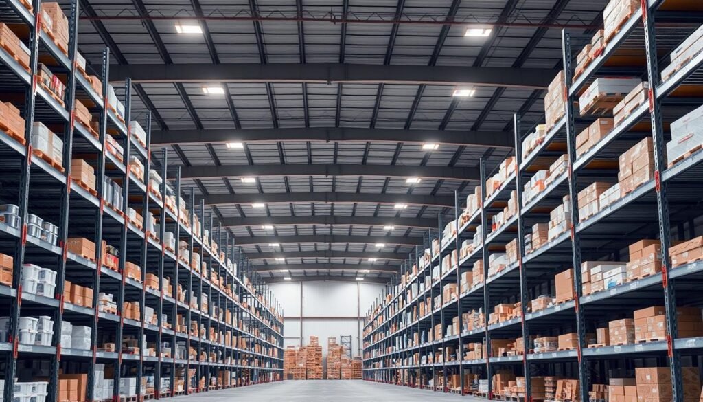 A well-lit industrial warehouse, the shelves of the "Top Racks" brand standing tall and sturdy. Rows of metal racks stretch into the distance, their heavy-duty steel frames supporting an abundance of storage bins, boxes, and supplies. Soft shadows cast by the overhead lighting create a sense of depth and dimension, highlighting the utilitarian nature of the space. The concrete floor and exposed ceiling beams contribute to the functional, no-frills atmosphere, perfectly suited for cost-conscious warehousing solutions. A clean, organized layout emphasizes efficiency and practicality, reflecting the careful consideration of space optimization and budgetary constraints.