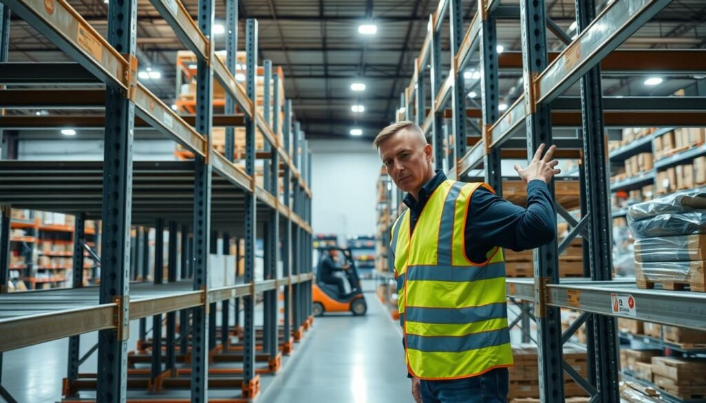 A well-lit industrial warehouse, with rows of sturdy Top Racks pallet storage racks in the foreground. A technician in a safety vest carefully inspects the racks, checking for any signs of wear or damage. The mid-ground shows a worker operating a forklift, gently maneuvering pallets onto the racks. In the background, shelves are neatly stocked, and the overall atmosphere conveys a sense of efficiency and diligent maintenance. The lighting is bright and even, illuminating the scene with a clean, professional tone. The camera angle is slightly elevated, providing a comprehensive view of the pallet racking system and the maintenance activities taking place.