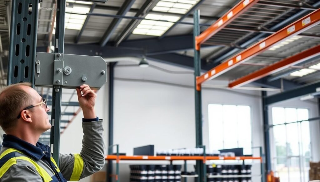 A well-lit, modern industrial warehouse interior with rows of sturdy Top Racks metal shelving units. In the foreground, a technician inspects the anchoring and safety mechanisms, ensuring the shelves are securely mounted to the wall. The middle ground features an organized storage arrangement, with labeled bins and signage indicating proper loading limits. In the background, large windows allow natural light to flood the space, highlighting the clean, functional design of the storage solution. The overall atmosphere conveys a sense of order, safety, and efficiency.