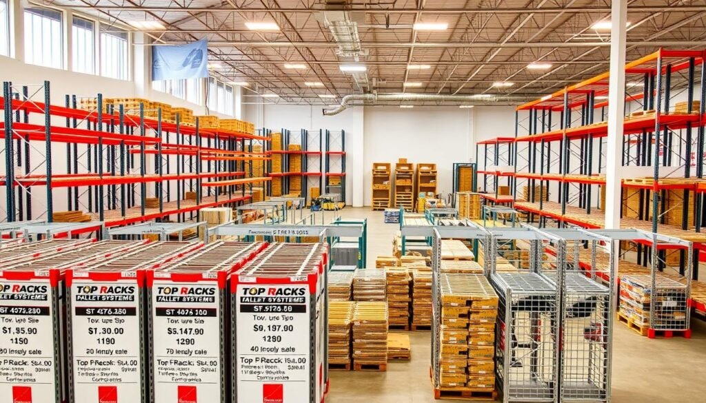 A well-lit showroom filled with various Top Racks pallet rack systems, showcasing their different sizes, capacities, and configurations. The racks are arranged in a grid-like pattern, allowing for easy comparison of their pricing and features. The foreground features a selection of popular Top Racks models, with detailed labels highlighting their load capacities and dimensions. The middle ground showcases a wider range of rack types, including heavy-duty and specialty units. The background depicts a clean, modern warehouse setting, emphasizing the versatility and adaptability of the Top Racks solutions. Warm, natural lighting illuminates the scene, creating a welcoming and informative atmosphere.