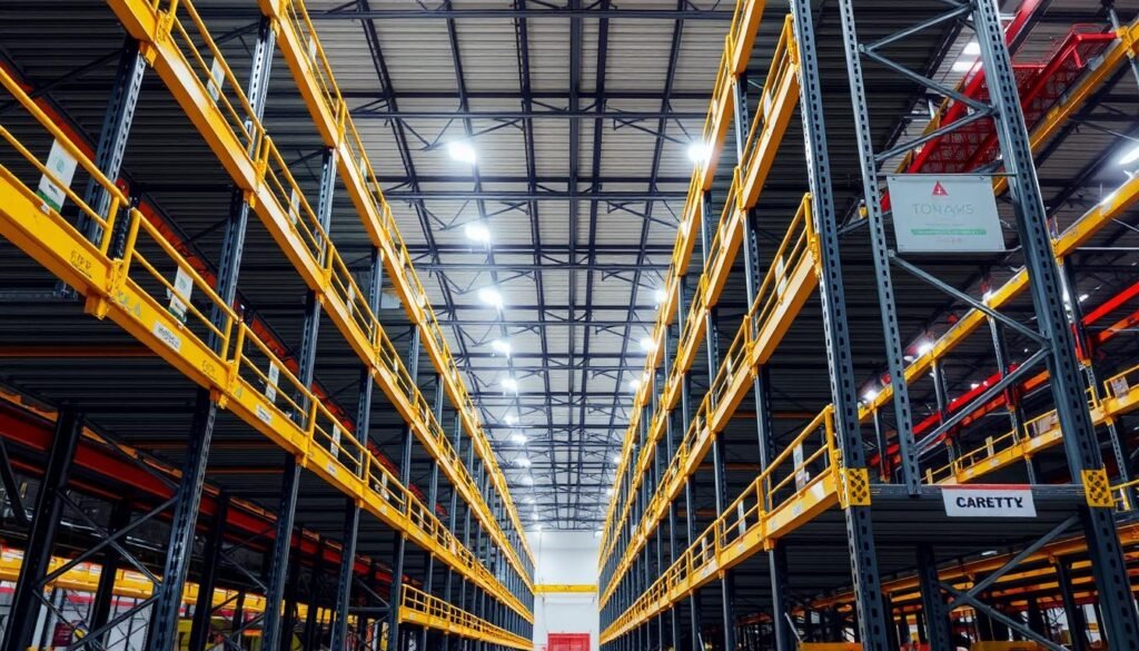 A well-lit, spacious warehouse interior with towering steel shelving units prominently displayed. The shelves feature sturdy guardrails, safety labels, and anti-collision bumpers to prevent accidents. The lighting casts a warm, professional glow, highlighting the robust construction and meticulous organization of the "Top Racks" storage system. The scene conveys a sense of efficiency, safety, and attention to detail, perfectly suited for the "Safety Features in Warehouse Shelving" section of the article.