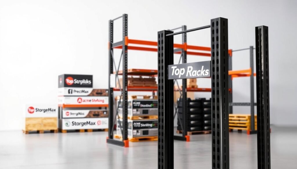 A well-lit studio photo showcasing a selection of popular warehouse pallet rack brands. In the foreground, a prominent "Top Racks" brand pallet rack stands tall, its sturdy steel construction and sleek black finish catching the light. In the middle ground, other leading brands like "Precision Racks", "Acme Shelving", and "StorageMax" are arranged in an organized display. The background features a clean, neutral backdrop, allowing the pallet racks to take center stage. The overall composition highlights the quality, reliability, and diverse offerings of these top warehouse storage solutions.