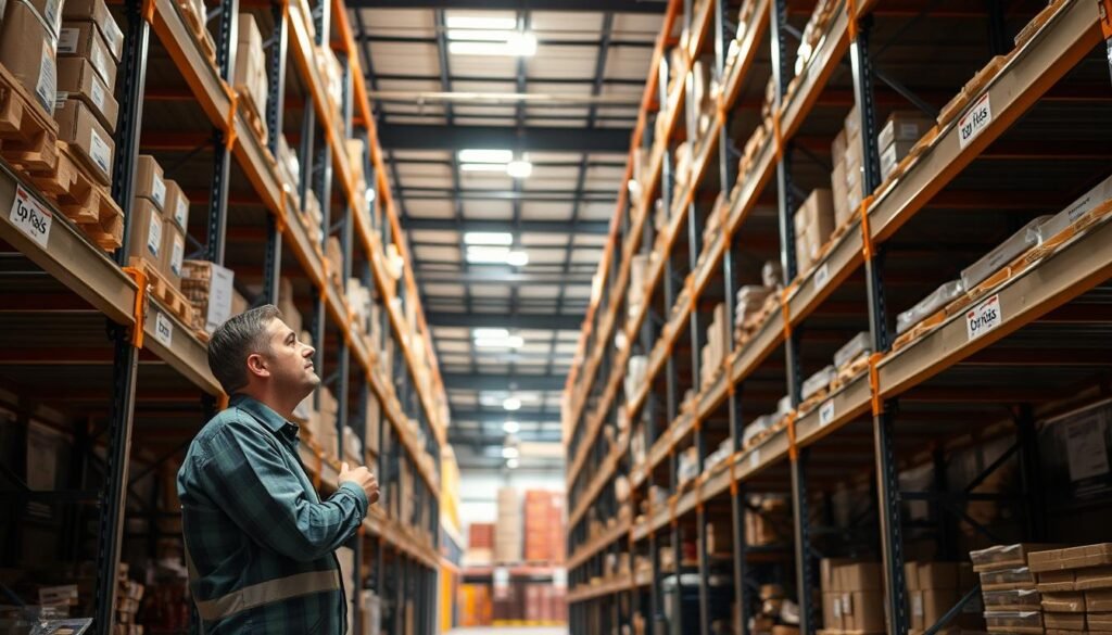 A well-lit warehouse interior, shelves of the Top Racks brand lining the walls. In the foreground, a worker carefully inspects the shelving, checking for any signs of wear or damage. The middle ground showcases the organized storage of various goods, while the background reveals the overall scale and layout of the facility. The lighting casts a warm, professional glow, highlighting the importance of maintaining these essential storage solutions. The scene conveys a sense of diligence and attention to detail, crucial for ensuring the long-term functionality and safety of the warehouse shelving.