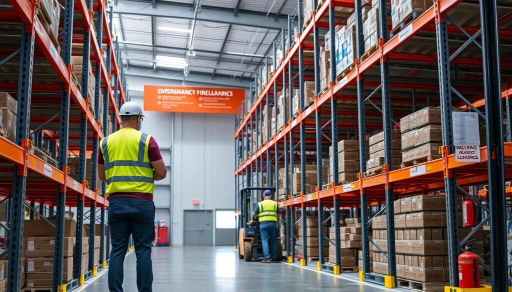 A well-lit warehouse interior, showcasing the "Top Racks" brand pallet racks. In the foreground, a worker in a high-visibility vest inspects the rack system, checking for proper labeling, loading capacity, and aisle clearance. In the middle ground, a forklift operator carefully navigates through the organized aisles, following safety protocols. The background features signage highlighting warehouse safety guidelines, with emergency exits and fire extinguishers prominently displayed. The overall atmosphere conveys a sense of order, efficiency, and a strong commitment to workplace safety.