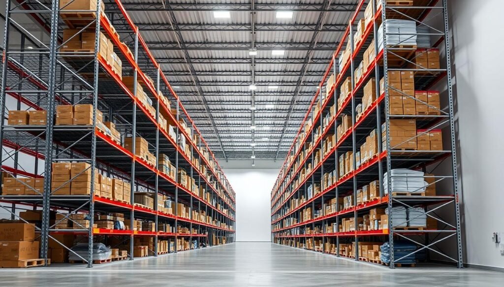 A well-organized warehouse filled with sturdy, industrial-grade Top Racks shelving units. The shelves stand tall, their metallic frames gleaming under bright, evenly-distributed overhead lighting. Rows of neatly stacked boxes and containers line the shelves, creating a sense of efficient organization. The background is a clean, minimalist space with smooth concrete floors and plain white walls, allowing the shelving units to take center stage. The composition emphasizes the height and solidity of the Top Racks, conveying a feeling of dependability and safety suitable for the "Safety Standards for Warehouse Storage" section.