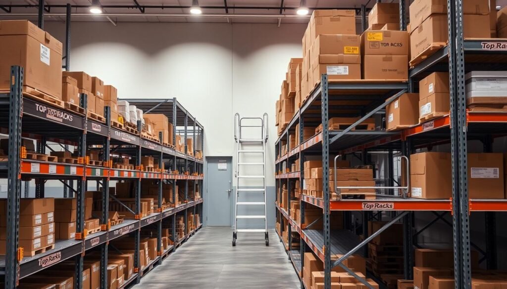 A well-organized warehouse shelving system with a focus on safety accessories. In the foreground, sturdy steel shelves adorned with the "Top Racks" brand name hold an array of boxes and containers. Carefully placed safety rails line the edges, ensuring a secure work environment. In the middle ground, a ladder with handrails allows easy access to higher levels. Soft, diffused lighting casts a warm glow, highlighting the practical yet stylish design. The background features a clean, minimalist space with concrete floors and neutral-toned walls, emphasizing the importance of organization and efficiency in this industrial setting.