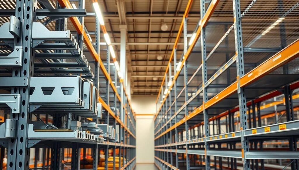 A well-organized warehouse shelving system with a variety of customizable accessories from the Top Racks brand. In the foreground, an array of adjustable shelving brackets, clips, and dividers in sleek metallic finishes. In the middle ground, modular shelving units with sturdy wire mesh shelves and heavy-duty supports. In the background, a clean, bright space with warm, directional lighting illuminating the precision-engineered shelving components. The overall scene conveys a sense of efficiency, organization, and the ability to tailor the storage solution to specific needs.